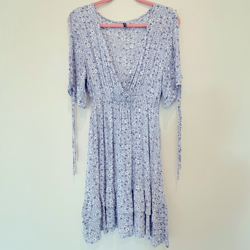 BROVAVE Summer Casual Dress V Neck Short Sleeve Floral Ruffle Mini Dress - M